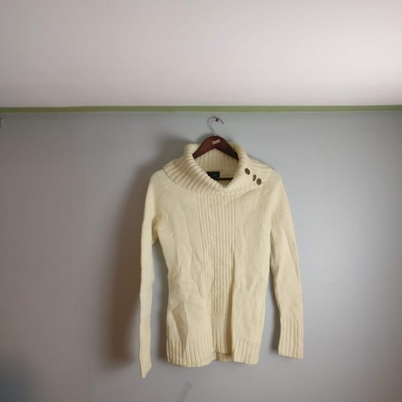 Merino Wool Chunky Knit Rollneck Decorated Turtleneck Sweater, Cream Neutral, L - Picture 5 of 8